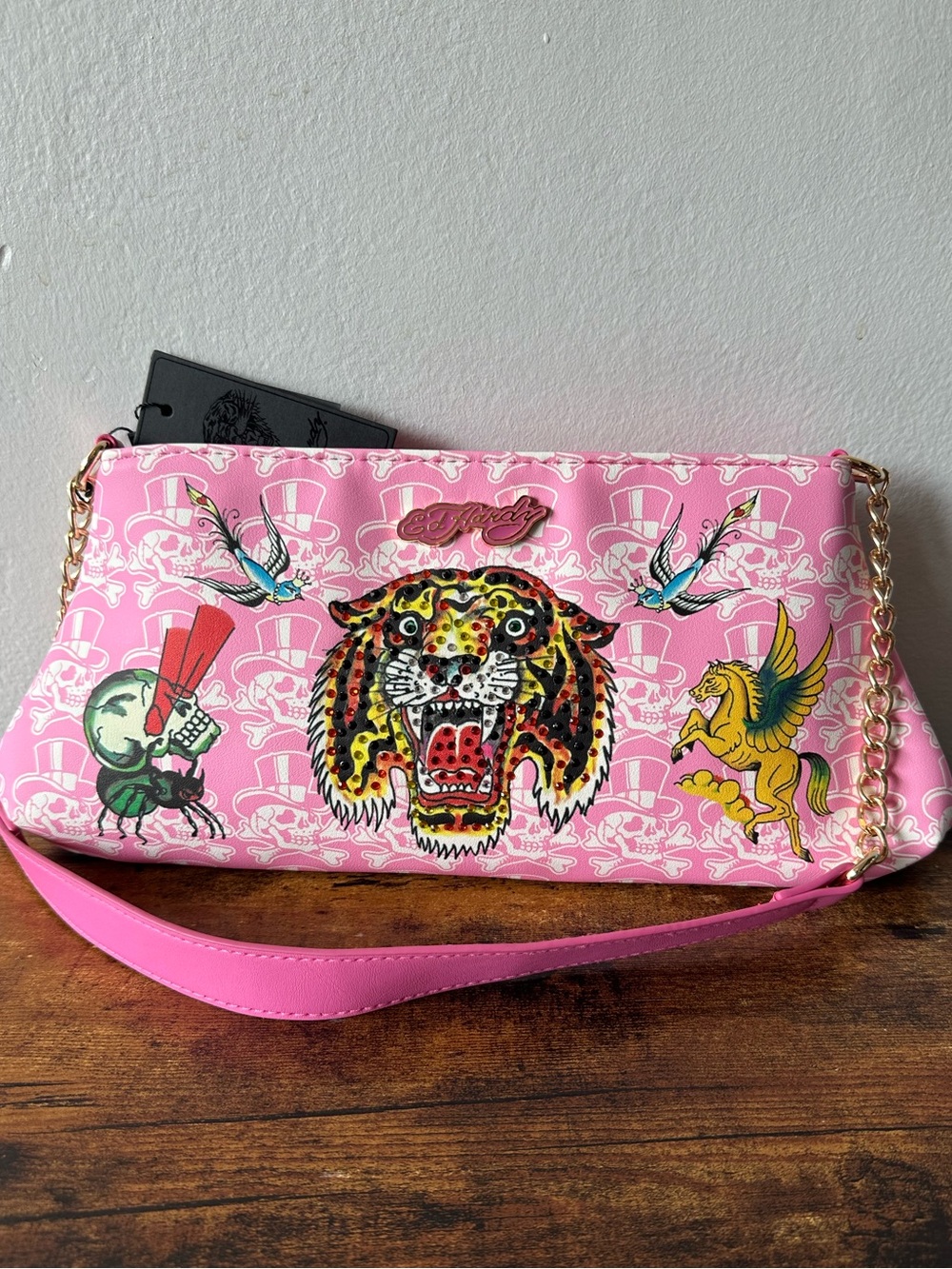 Ed Hardy Pink Graphic Rhinestone Tiger Shoulder Bag with Gold Chain Strap NWT